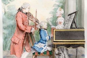 Leopold Mozart mit seinen Kindern, Aquarellkopie von Ingrid Ramsauer 2008 nach einem Aquarell von Louis Carrogis de Carmontelle 1763. Abbildung: Internationale Stiftung Mozarteum
