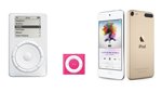 Drei Generationen iPod: Links der Ur-iPod, in der Mitte der "Shuffle", rechts der aktuelle iPod touch