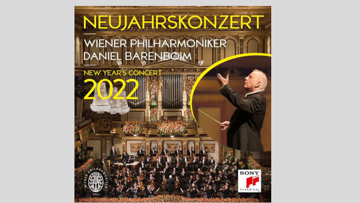 Cover des Neujahrskonzertes 2022 der Wiener Philharmoniker mit Daniel Barenboim, das bei Sony erschienen ist.
