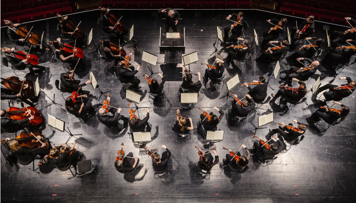 Streicher des Symhonieorchesters Vorarlberg von oben. Bild: Thomas Schrott