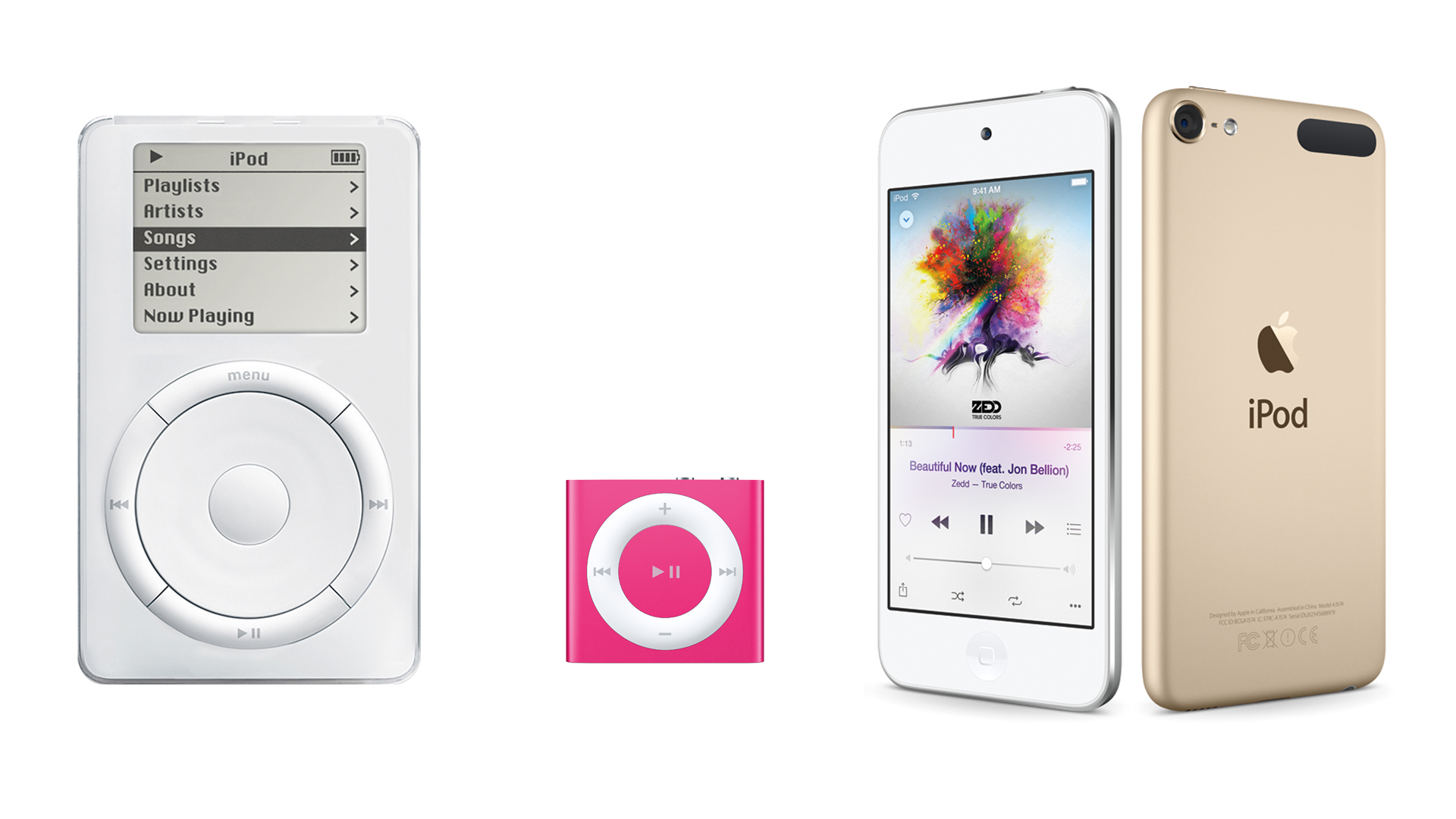Drei Generationen iPod: Links der Ur-iPod, in der Mitte der "Shuffle", rechts der aktuelle iPod touch