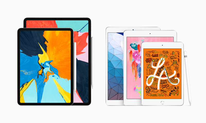 Die aktuelle iPad-Familie: links die beiden iPad-Pro-Modelle, recht iPad Air, iPad und iPad mini (Bild: Apple)