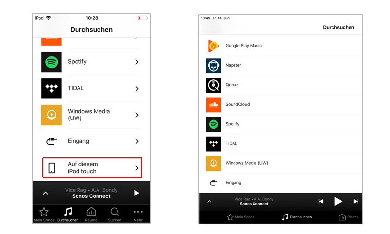 Sonos-App in iOS 11.4 (links) und iOS 12.1 (rechts) (Screenshots: STEREO/UW)