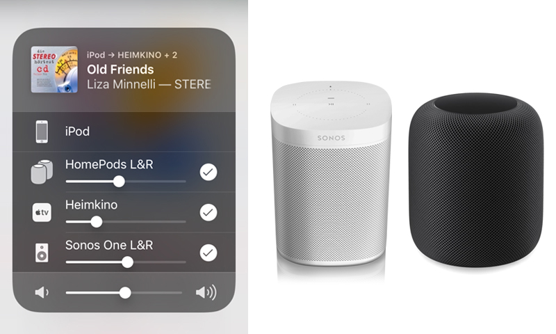 iOS-Kontrollzentrum, One, HomePod (Bilder: Sonos, Apple, Screenshot: STEREO)