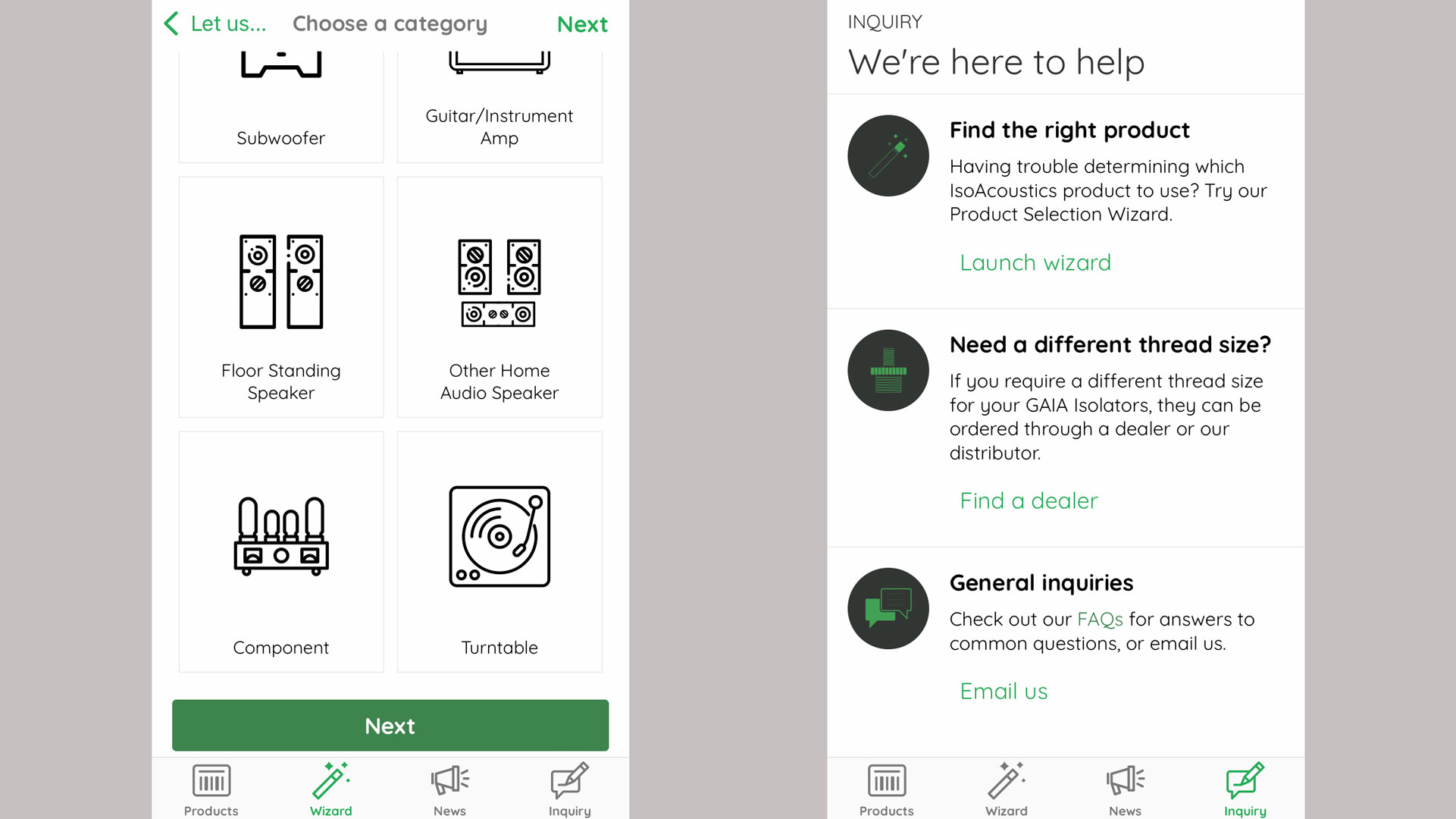 Blick in die neue IsoAcoustics-App (Screenshots aus der App)