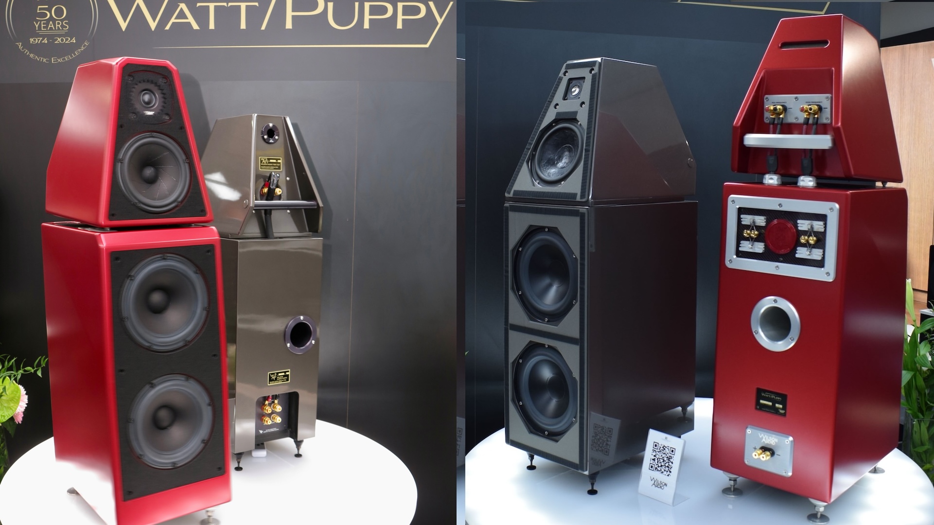 WATT/Puppy System V (Rot) von Wilson Audio auf der High End 2024 neben ihrem Vorgängermodell (Bild: STEREO).